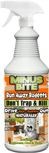 Minus Bite all natural Rodent Spray effective against mice, rats and raccoons.