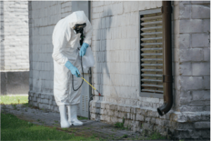 A person in a suit from head to toe, spraying the outside wall of a building with traditional pesticides.